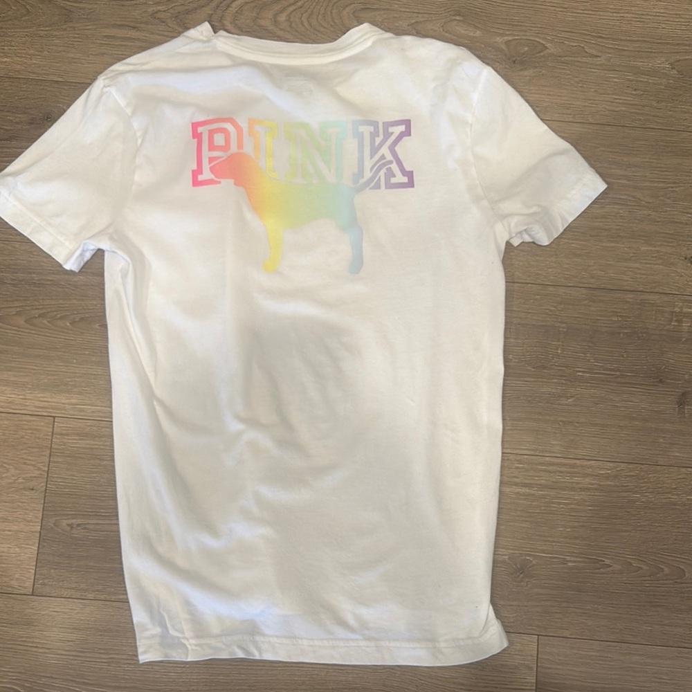 PINK White T-Shirt with Rainbow Logo